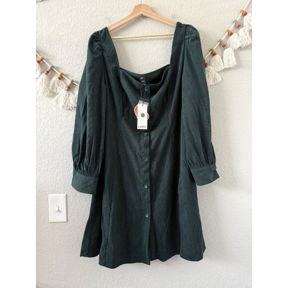 Cider Kelly Green Corduroy Square Neck Long Sleeve Mini Dress Fall Grunge NWT 2x - Picture 1 of 8